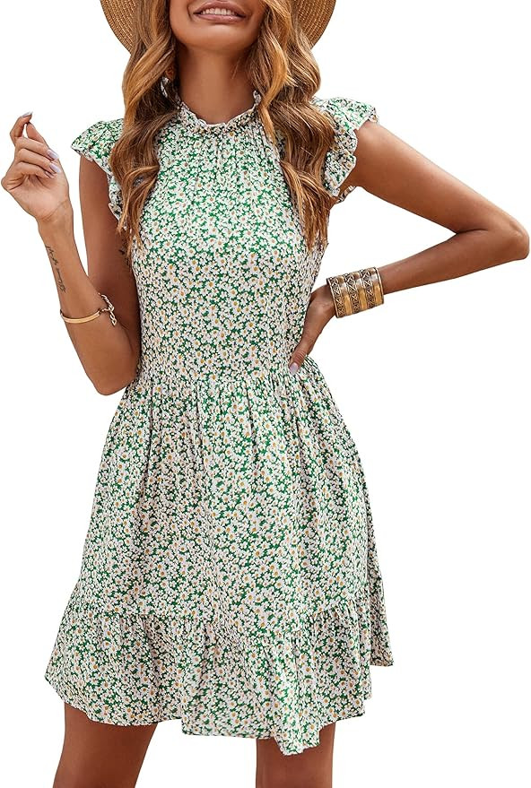 KIRUNDO Women’s Summer Sleeveless Ruffle Sleeve Crew Neck Floral Print Mini Dress Casual Loose ... | Amazon (US)