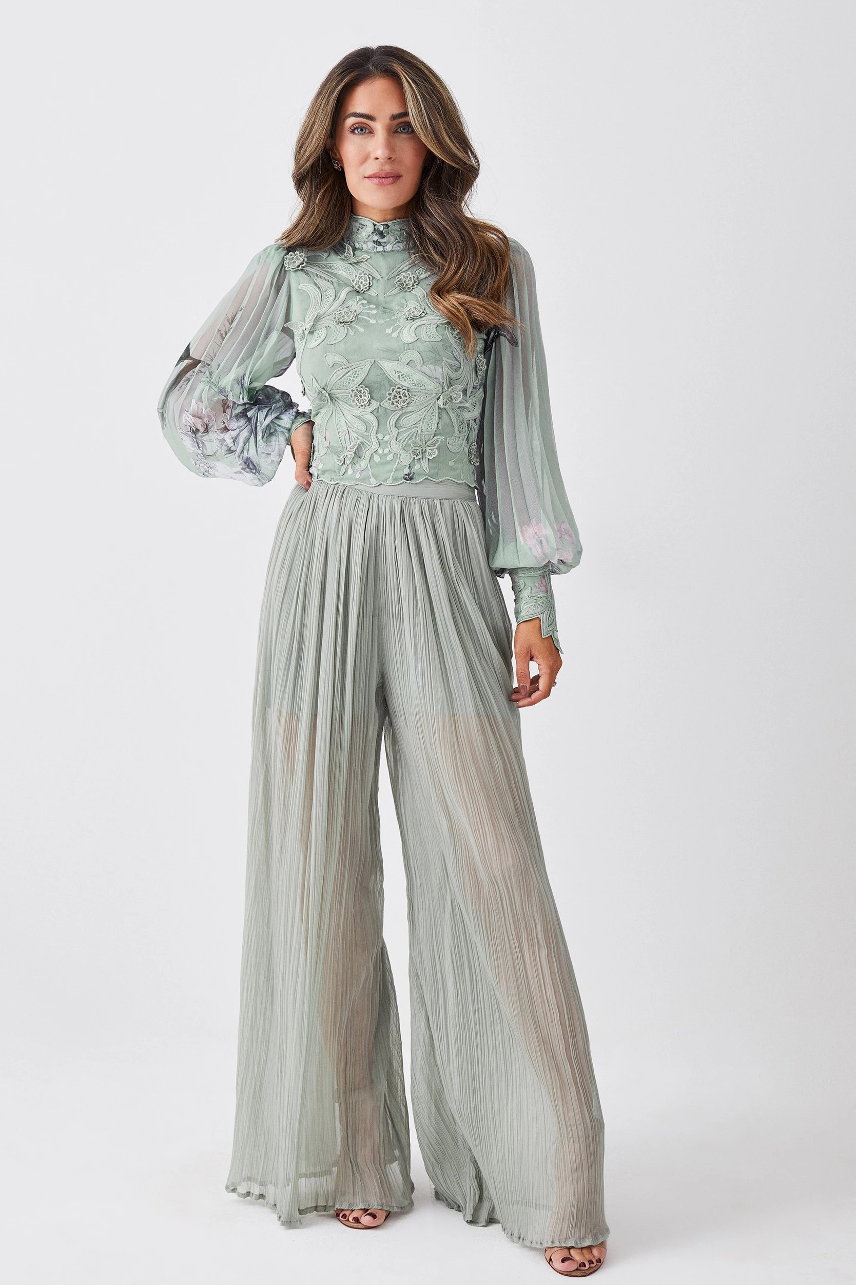 Lydia Millen Crinkle Satin Chiffon Woven Wide Leg Trousers | Karen Millen UK + IE + DE + NL
