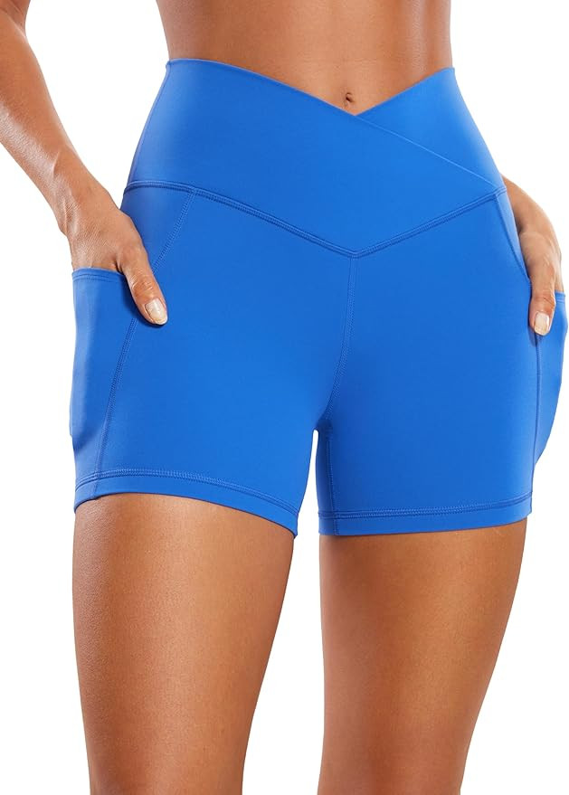 CRZ YOGA Womens Butterluxe Cross Waist Biker Shorts 4" - V Crossover High Waisted Side Pockets Wo... | Amazon (US)