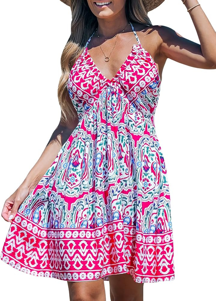 CUPSHE Women's Backless Halter Beach Dress Boho Ruffle Plunge V Neck Mini Sundress Summer Dresses | Amazon (US)