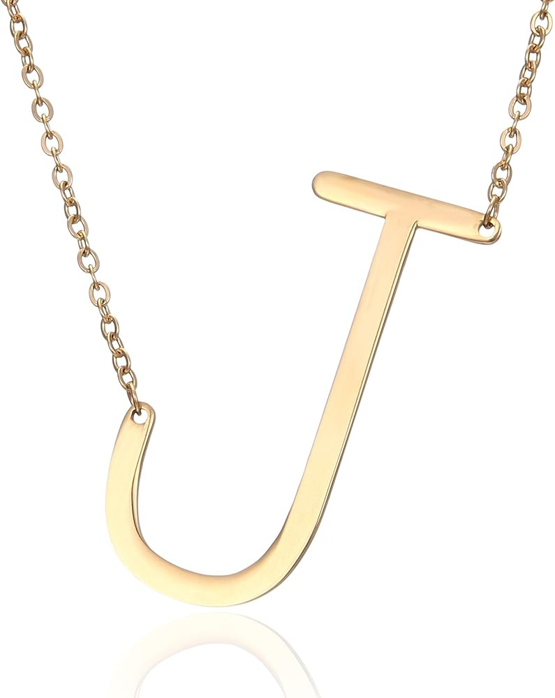 RINHOO Sideways Large Initial Necklace 18k Gold Plated Stainless Steel Big Letter Script Name Monogr | Amazon (US)