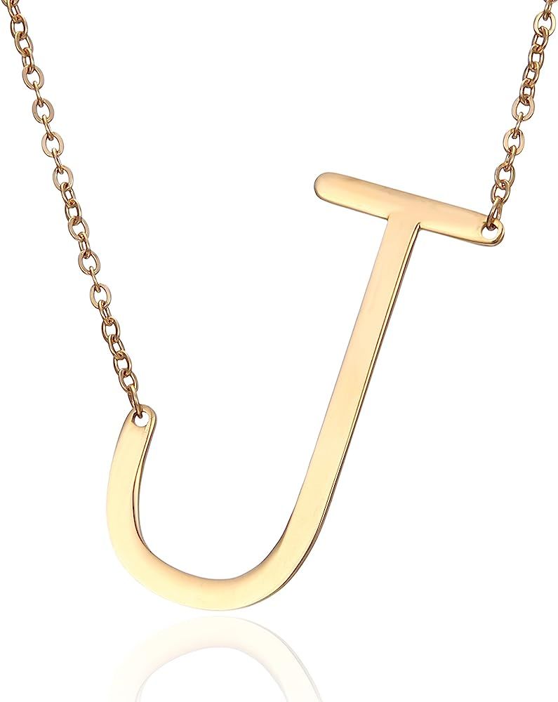 RINHOO Sideways Large Initial Necklace 18k Gold Plated Stainless Steel Big Letter Script Name Monogr | Amazon (US)