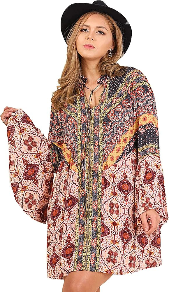 Umgee Womens Multi-Print Trumpet Sleeve Dress | Amazon (US)