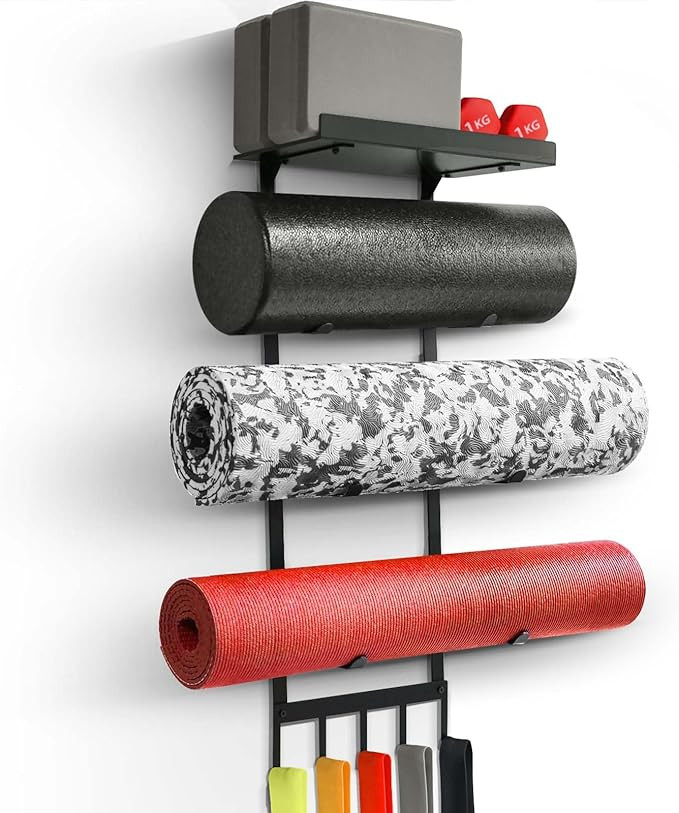 Yoga Mat Holder Wall Mount, Home Gym Storage Rack with Top Floating Shelf, 4-Tiers Holding Yoga M... | Amazon (US)