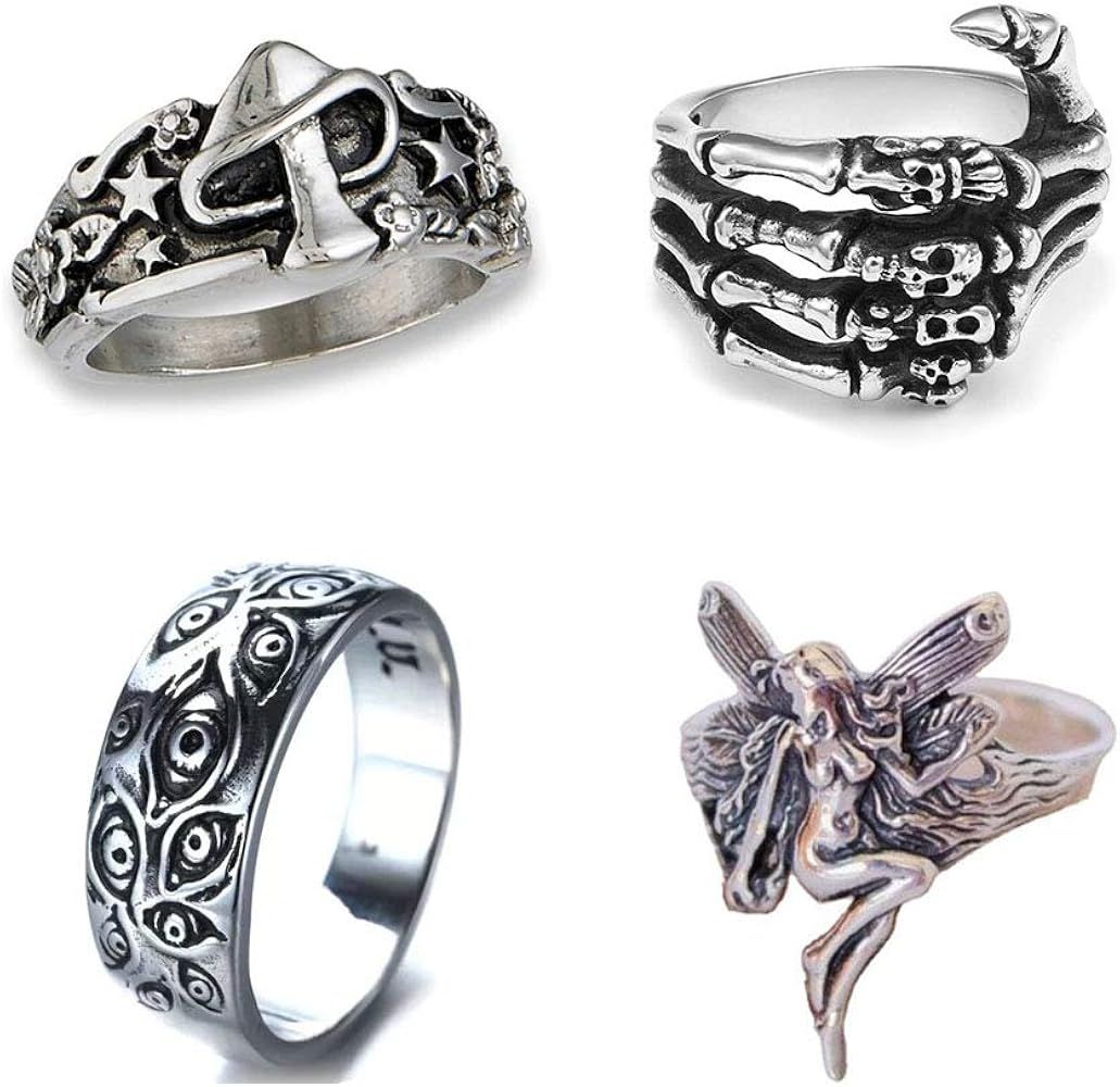 4 Pcs New Vintage Fairy Angel Wings Ring Carved Eyes Mushroom Silver Plated for Men Gothic Punk S... | Amazon (US)