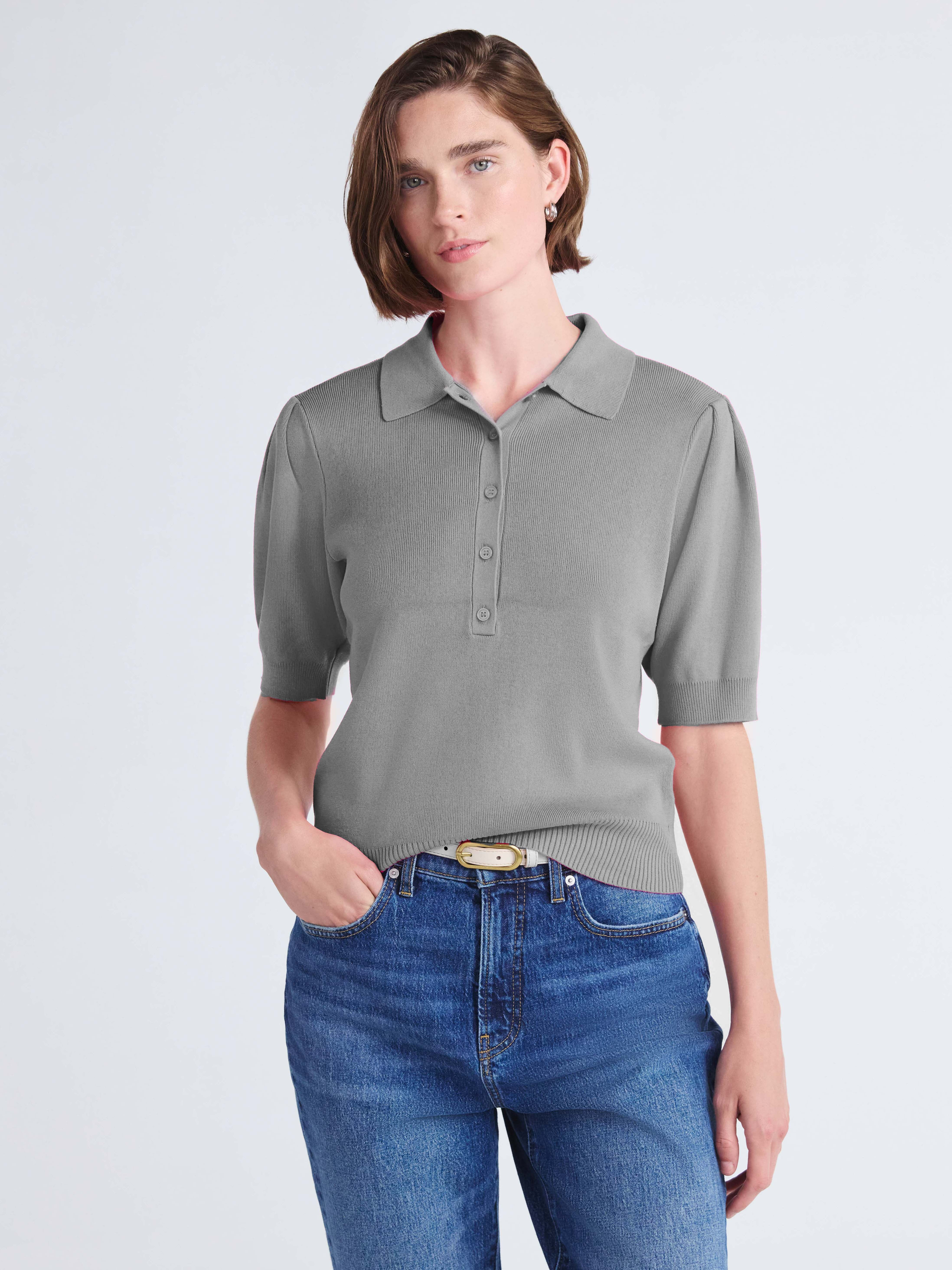 Free Assembly Women's and Women's Plus Collared Sweater Tee with Puff Sleeves, Lightweight, Sizes... | Walmart (US)