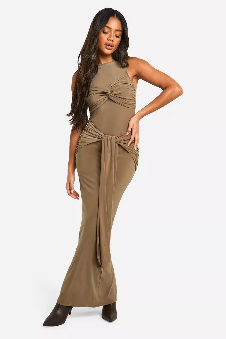 Ruched Twist Detail Racer Neck Maxi Dress | boohoo (US & Canada)