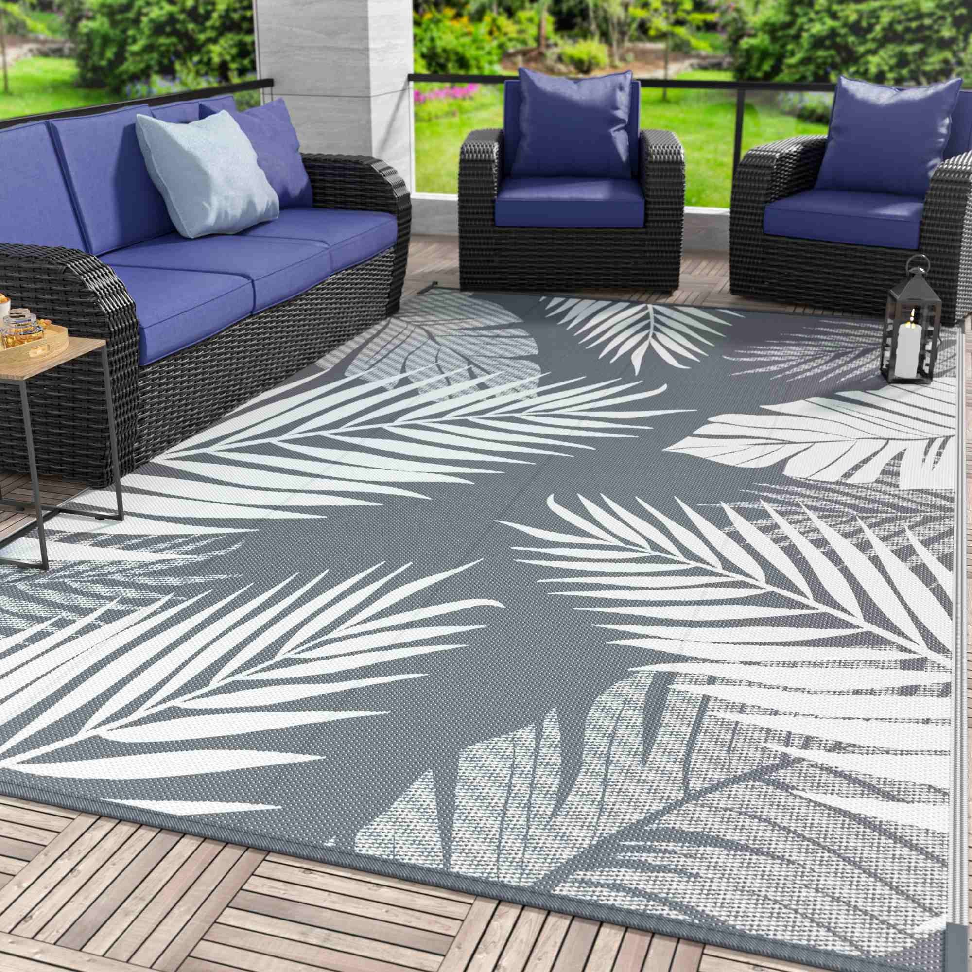 DEORAB Outdoor Rugs for Patio Clearance, Waterproof Plastic Mat, Rv, Camper, Gray & White, 6'x9' | Walmart (US)