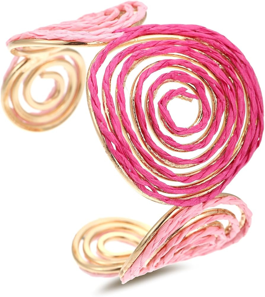 Raffia Spiral Cuff Bracelet for Women, Colorful Swirl Bangle Chunky Bangle Handmade Rattan Statem... | Amazon (US)