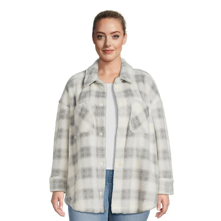 Terra & Sky Women's Plus Size Snap Front Faux Sherpa Shacket | Walmart (US)