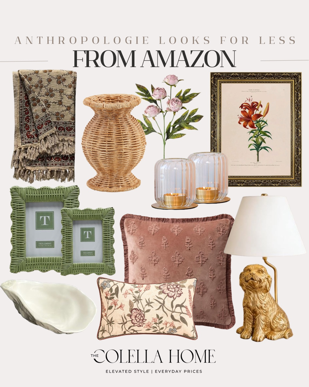 Designer looks for less includes wall art, candle holders, floral stems, vase, throw blanket, pillows, table lamp, decorative bowl, and rattan frame.

Home decor, looks for less, home accents

#LTKSeasonal #LTKHome #LTKvlog