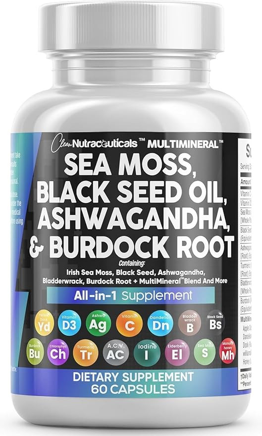 Clean Nutraceuticals Sea Moss Black Seed Oil Ashwagandha Turmeric Bladderwrack Burdock & Vitamin ... | Amazon (US)