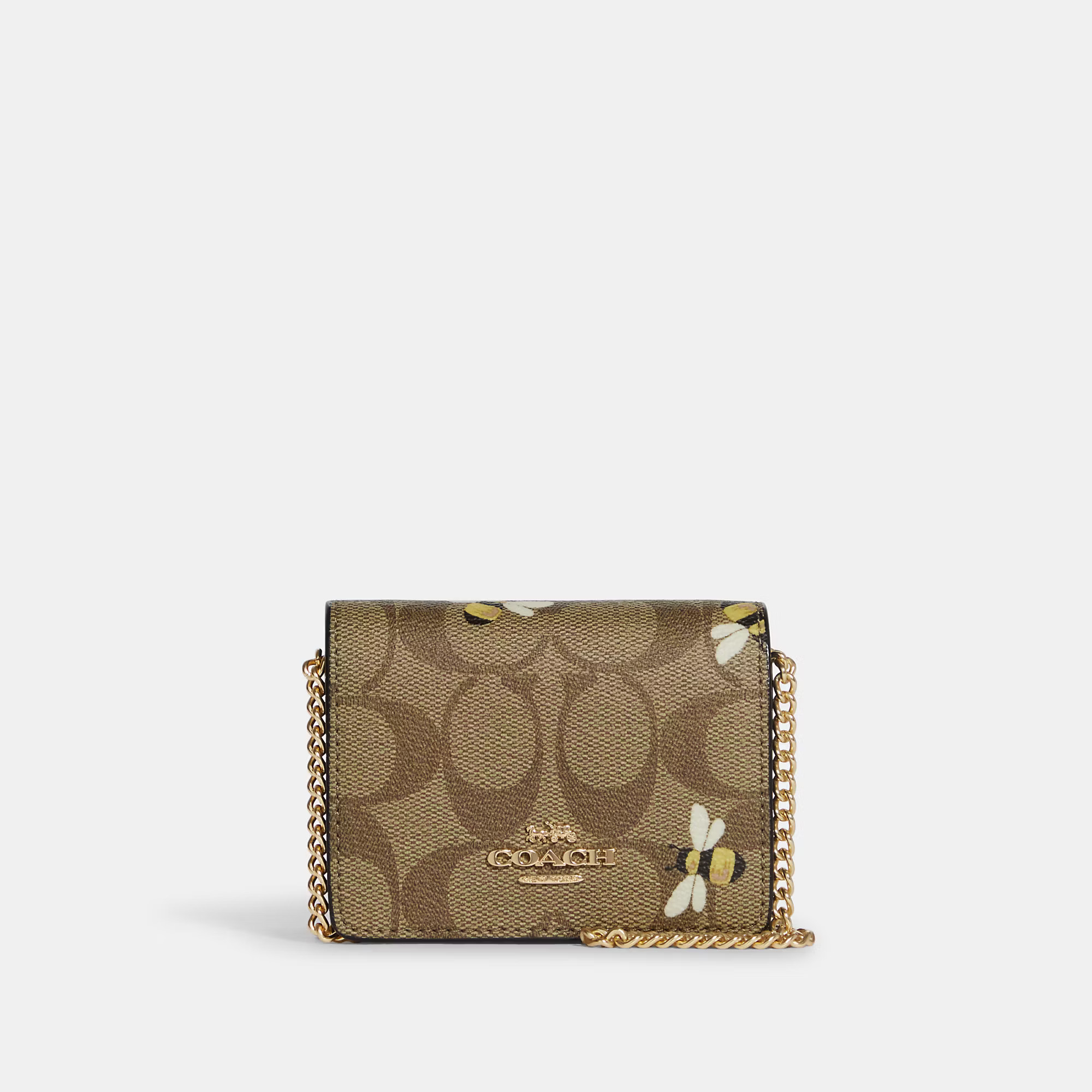 Coach Outlet Women's Mini Wallet On A Chain In Signature Canvas With Bee Print - Gold/khaki Multi | Coach Outlet US