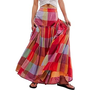 Women's Multicolour Plaid Print Ruched High Waist Casual Maxi Skirt | Amazon (US)
