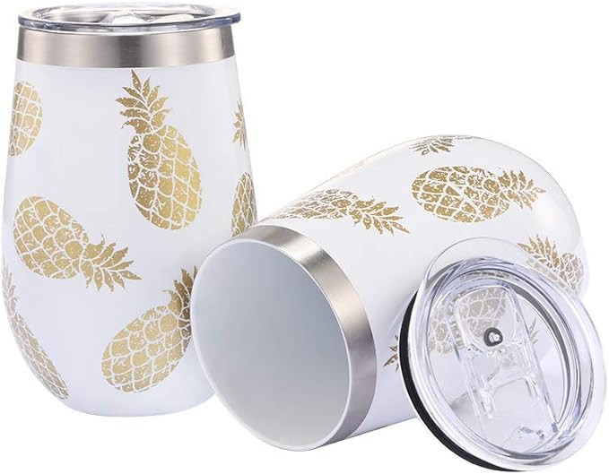 WDG Pineapple Wine Glasses 2 Pack Steel Stemless Wine Glass Tumbler with lid 12 oz Double Wall Va... | Amazon (US)