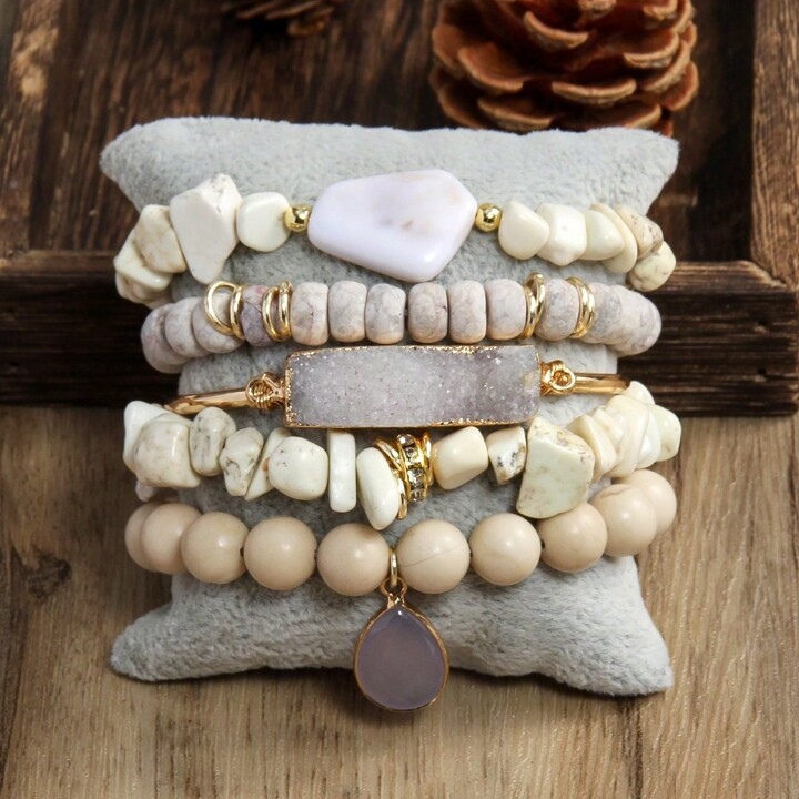 New Spring And Autumn Fashionable Bohemian Stacked Vintage Design Natural Stone Stretch Bracelet ... | SHEIN
