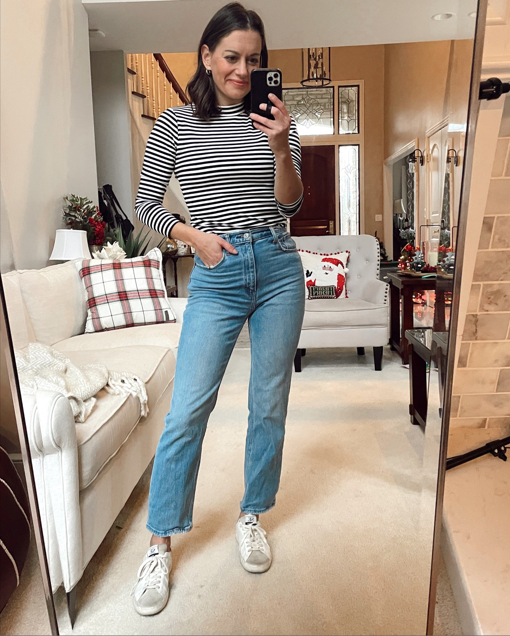 Abercrombie jeans - runs true to size to small, I go up a size - striped top runs true to size to small, I’m wearing a small 

#LTKSeasonal #LTKxAF #LTKsalealert