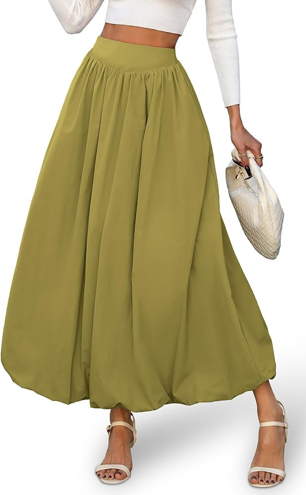 ELLEVEN Women's Bubble Maxi Skirt, Elastic Waist Puffy Hem A-Line Skirts | Amazon (US)