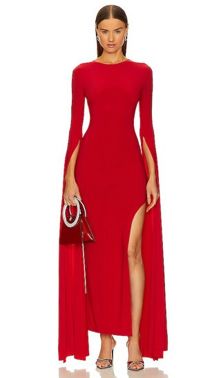 Norma Kamali Open Back Ribbon Sleeve Wide Slit Gown in Tiger Red. - size XXS | Revolve Clothing (Global)