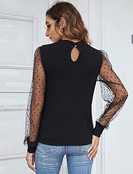 Blooming Jelly Womens Mock Neck Tops Mesh Long Sleeve Shirts Polka Dot Ruffle Elegant Blouse | Amazon (US)