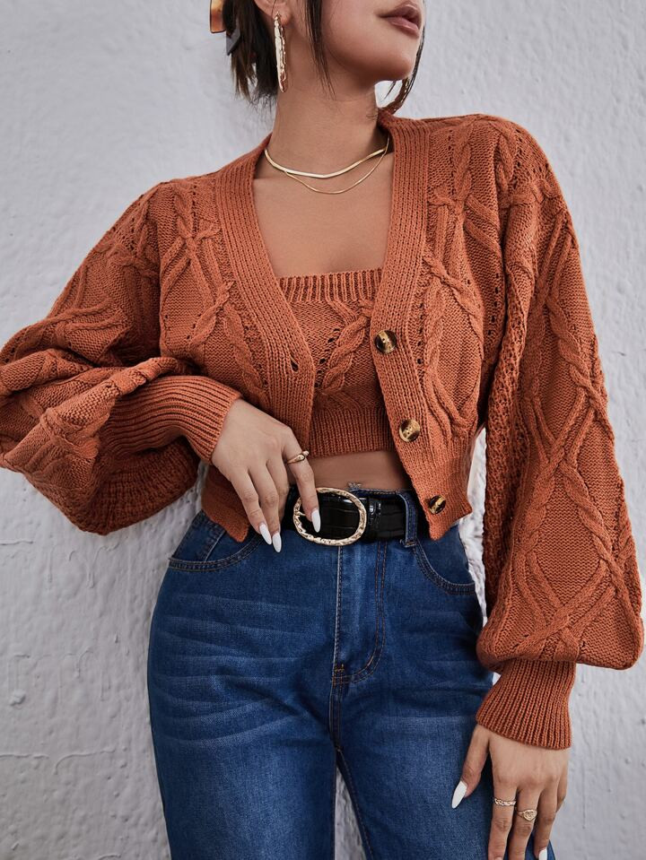 SHEIN Essnce Cable Knit Tube & Bishop Sleeve Button Front Crop Cardigan Set | SHEIN