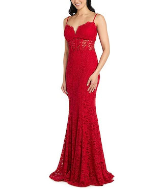 Morgan & Co. Glitter Lace Sweetheart Neck Illusion Corset Keyhole Back Dress | Dillard's | Dillard's