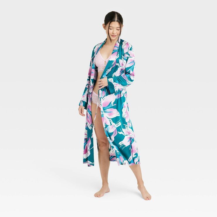 Women's Floral Print Long Satin Robe - Stars Above™ Teal Green | Target