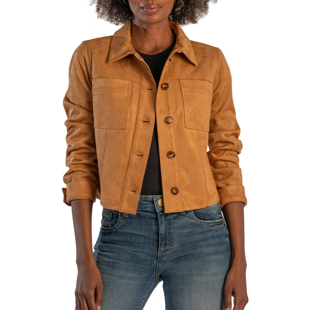 KUT from the Kloth Matilda Crop Faux Suede Trucker Jacket in Toffee at Nordstrom, Size X-Small | Nordstrom