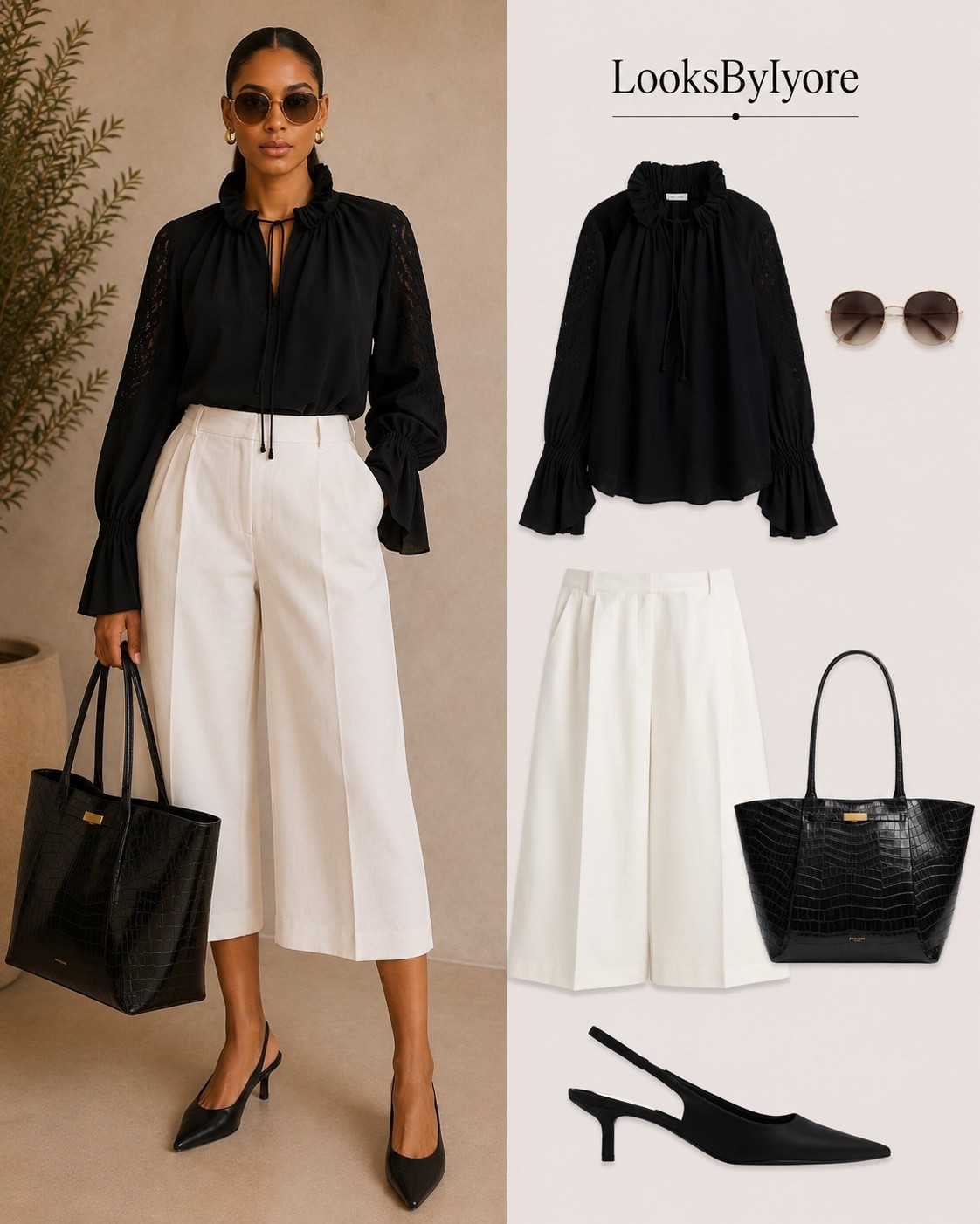 Culottes, black blouse with embroidery