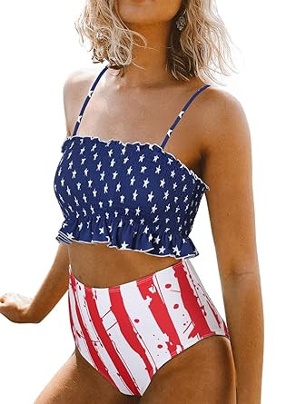 VECVOC Women's Floral Printed Ruffle High Waisted Bikini Set Pleated Bandeau Two Pieces Bathing S... | Amazon (US)