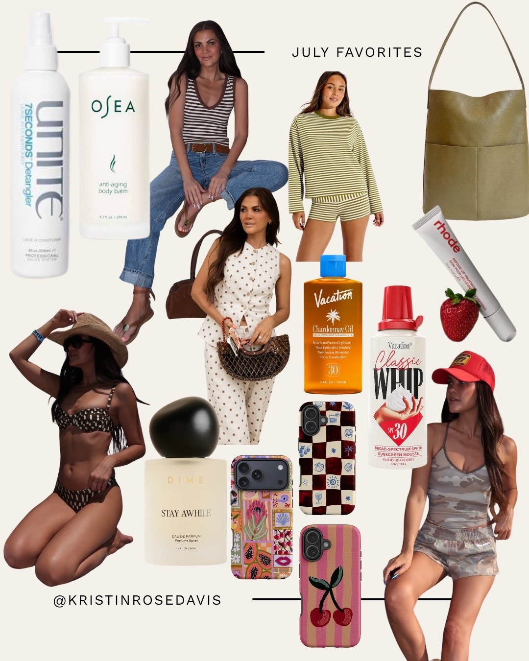 July Favorites: 
1. The Dairy Phone Cases (on my Shopmy) 
2. Dime Beauty Stay Awhile 
3. Skatie Bikini (on my Shopmy) 
4. Unite 7 Seconds Detangler 
5. Oak & Fort Bag  
6. Milkstain Camo Print - Code: KRISTINROSEDAVIS (on my ShopMy) 
7. OSEA Anti-Aging Body Balm 
8. Bohme Striped Shirt
9. Bohme Polka Dot Set
10. Rhode Lip Peptide Treatment
11. Target Striped Set
12. Vacation Inc. Sun Products

#LTKootd #LTKBeauty