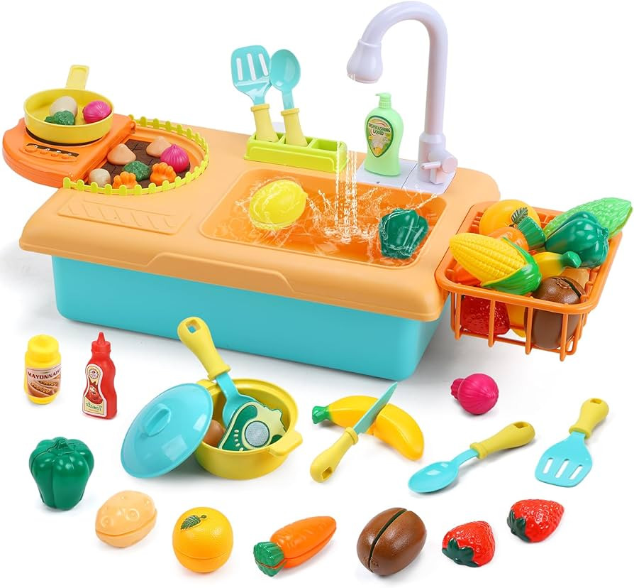 CUTE STONE Kids Pretend Play Sink with Running Water, Toddler Sink Toy with Upgraded Electric Fau... | Amazon (US)