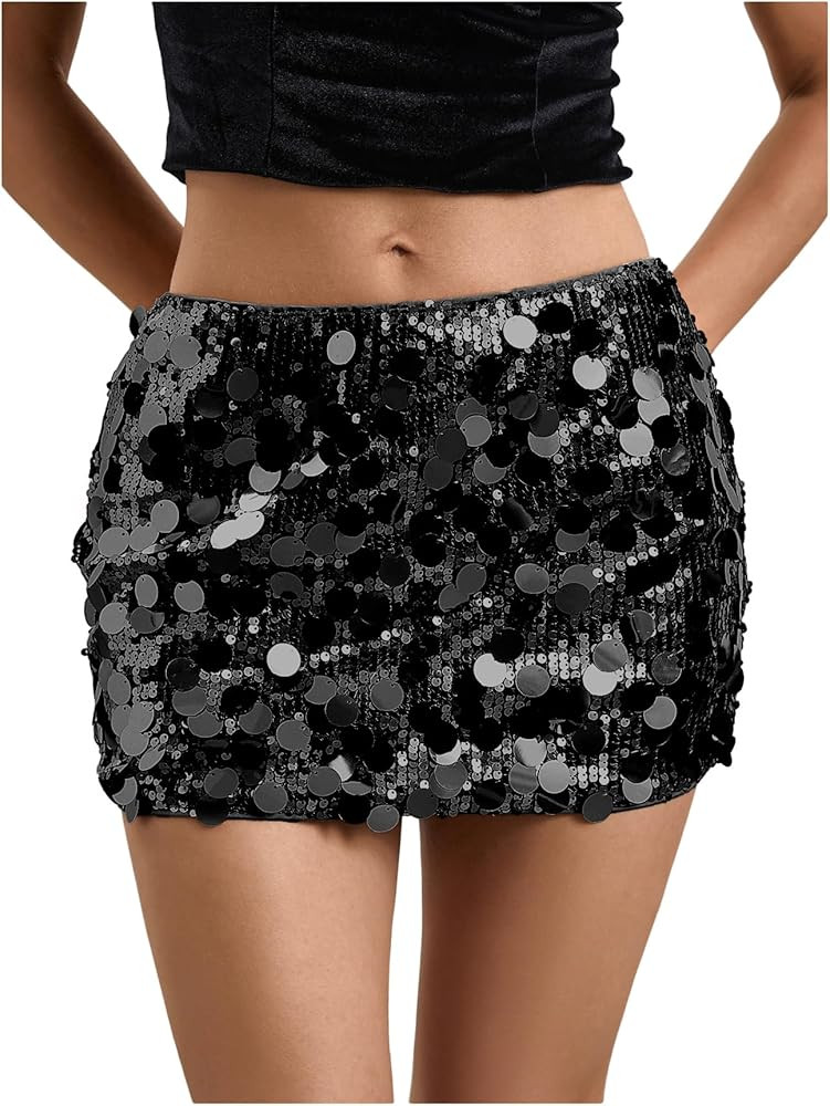MakeMeChic Women's Sparkly Sequin Mini Skirt Y2k Low Rise Glitter Rave Micro Skirt with Shorts Un... | Amazon (US)