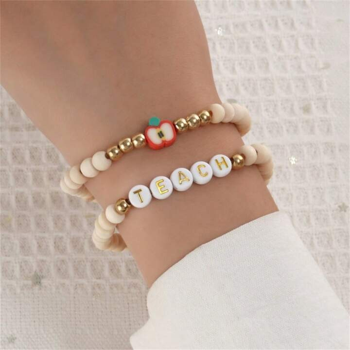 2Pcs Letter Apple Polymer Clay & Wood Beaded Bracelet For Teachers' Day | SHEIN