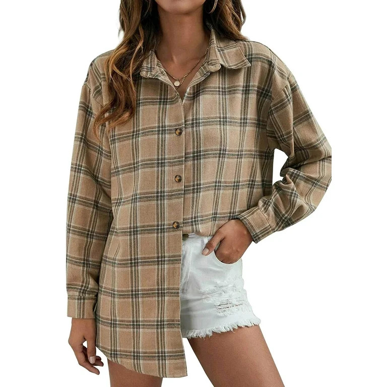 Fantaslook Plaid Flannel Shirts for Women Oversized Long Sleeve Button Down Shirts Blouses Tops | Walmart (US)
