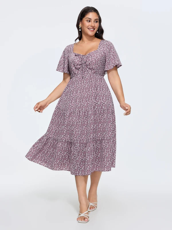 Ditsy Floral Sweetheart Drawstring Pocket Tiered Dress | Bloomchic