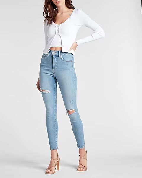 High Waisted Light Wash Ripped Skinny Jeans | Express