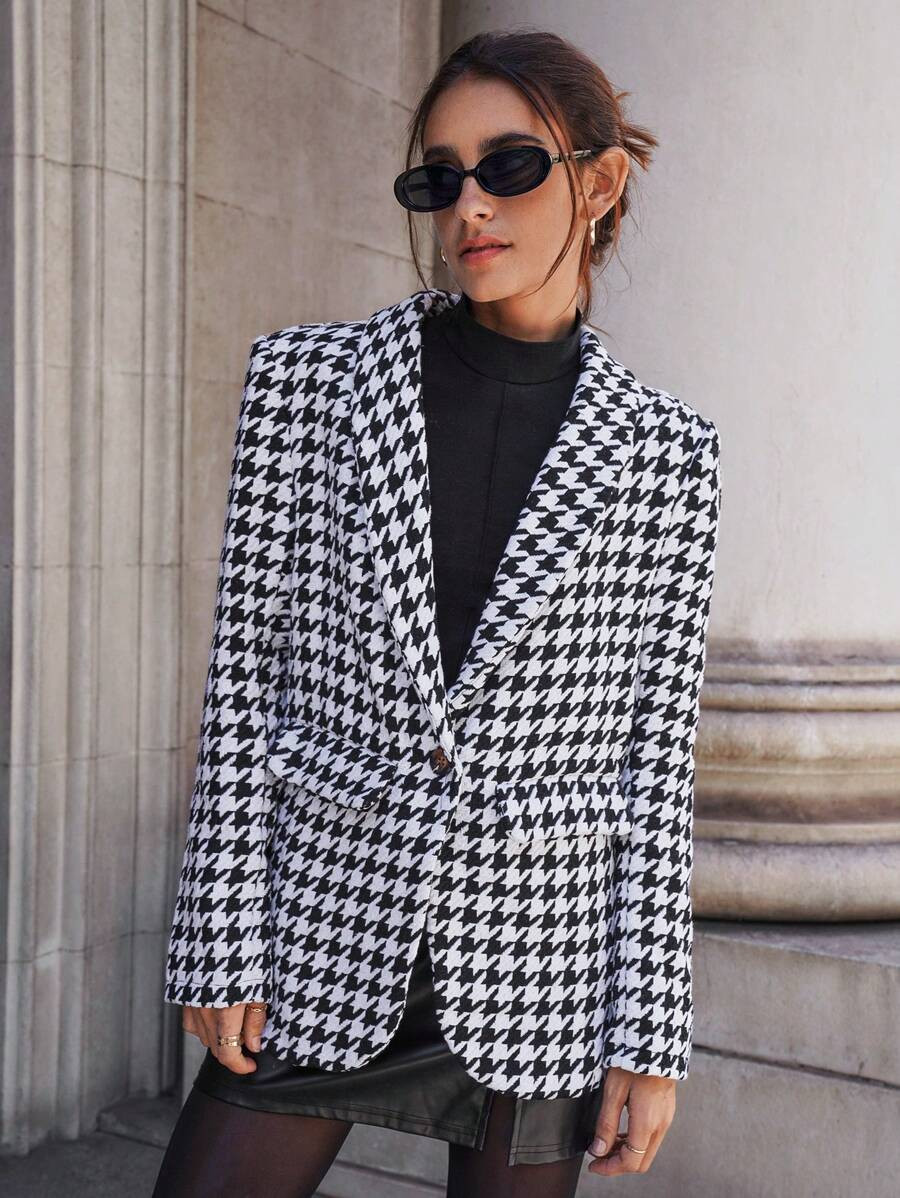 SHEIN Essnce Women's Casual Houndstooth Blazer Jacket Houndstooth Blazer Clothes And Wardrobe Fro... | SHEIN