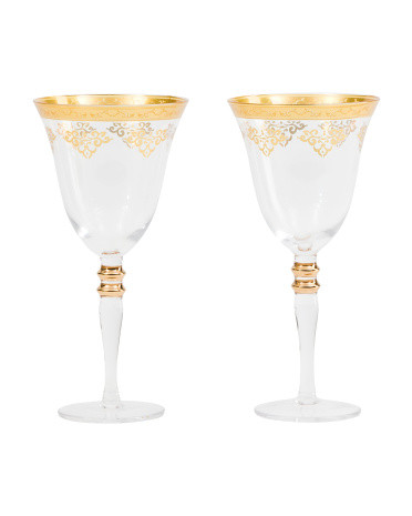 Set Of 2 Clear Wine Glasses With Gold Detail | TJ Maxx