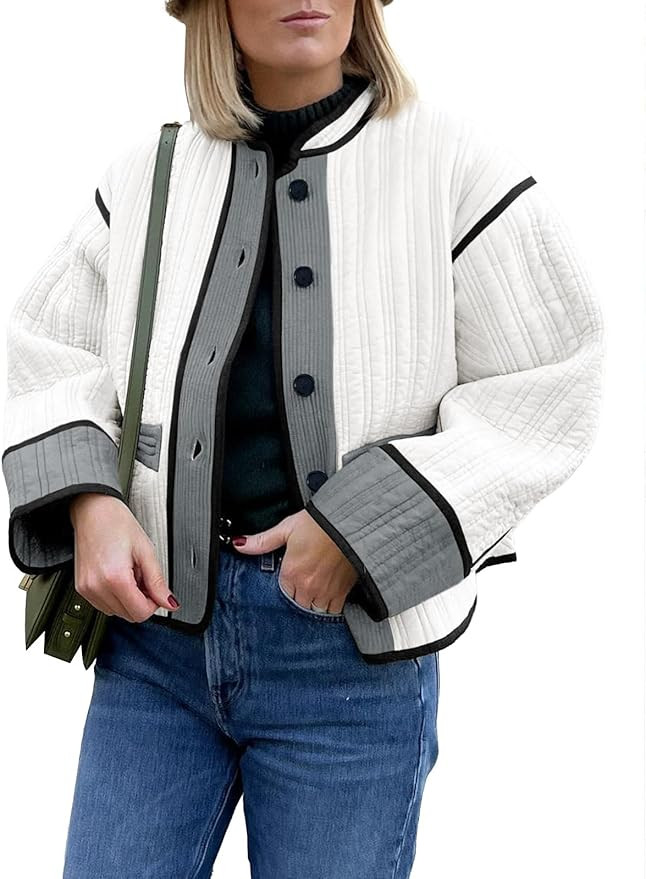 Tankaneo Womens Cropped Quilted Jacket Lightweight Button Down Long Sleeve Color Block Loose Coat... | Amazon (US)