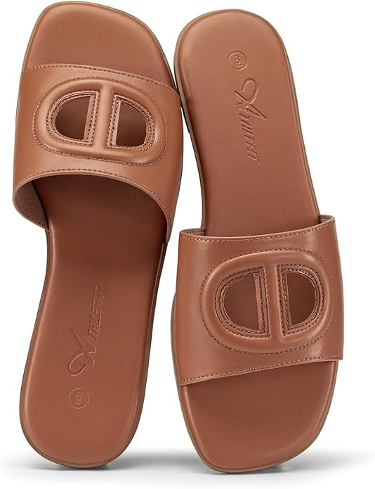 Athlefit Women's Flat Sandals Dressy Comfortable Slip On Fashion Slides Square Open Toe Summer Be... | Amazon (US)