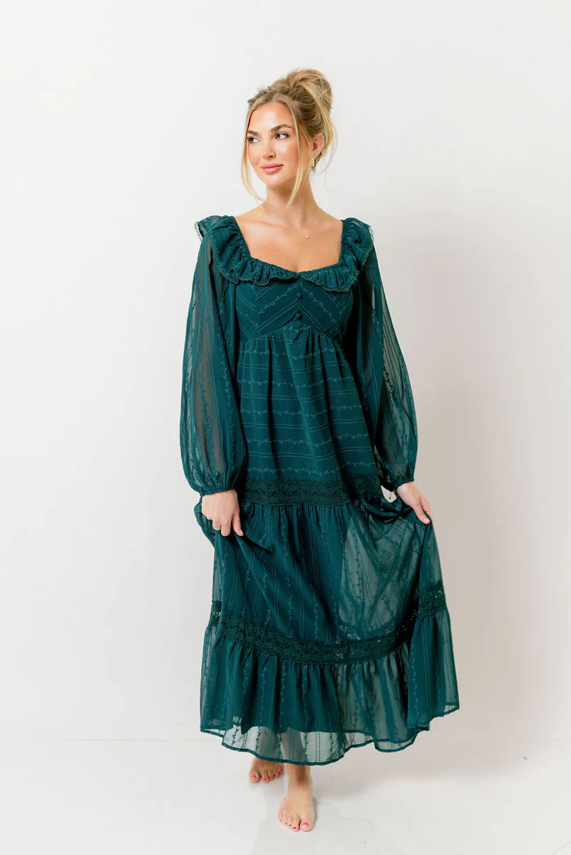 Sabrina Ruffle Trim Tiered Maxi Dress in Deep Green | Worth Collective