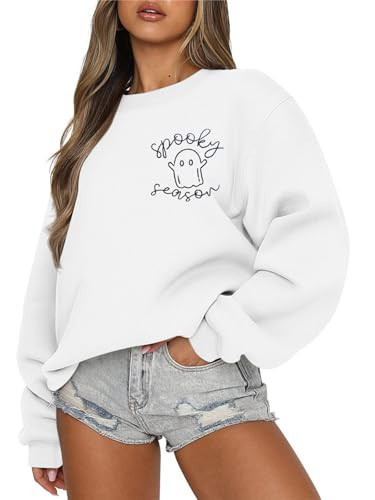 LOTUCY Halloween Sweatshirt Women Cute Spooky Season Sweatshirts Ghost Fall Embroidered Sweater Pullover Top White | Amazon (US)