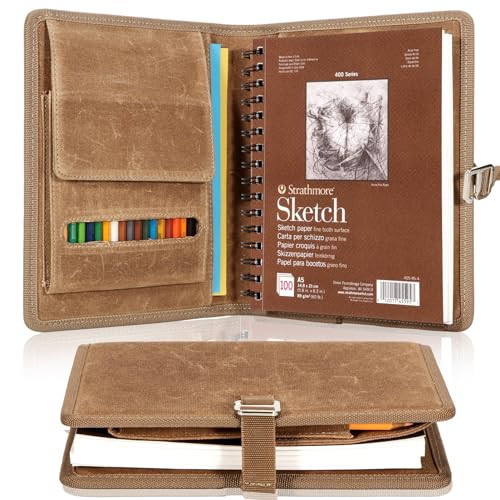 Plinyvel Travel Sketchbook Cover 5.5"x8.5" with Pencil Holder - Waxed Canvas Art Storage Case & Artist Padfolio Organizer Kit (Brown) | Amazon (US)