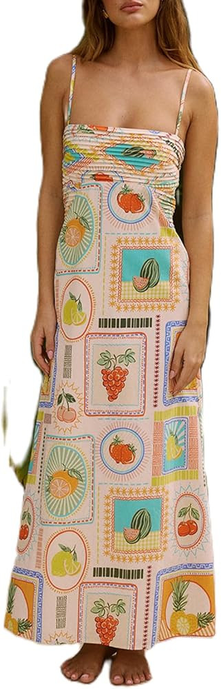 Women Backless Linen Dress A Line Spaghetti Strap Maxi Dresses Flowy Boho Summer Sundress Swing B... | Amazon (US)