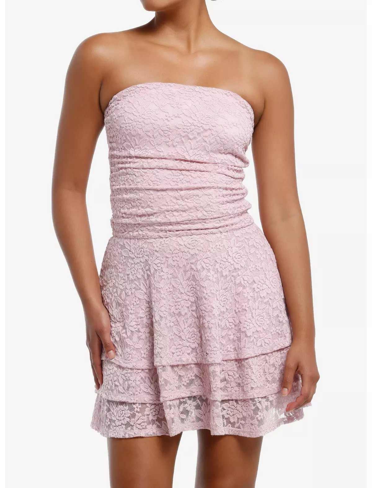 Sweet Society Pink Lace Ruffle Strapless Dress | Hot Topic