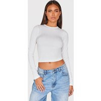 Top manches longues en maille pointelle blanche à col ras et contours, Blanc | PrettyLittleThing (FR)