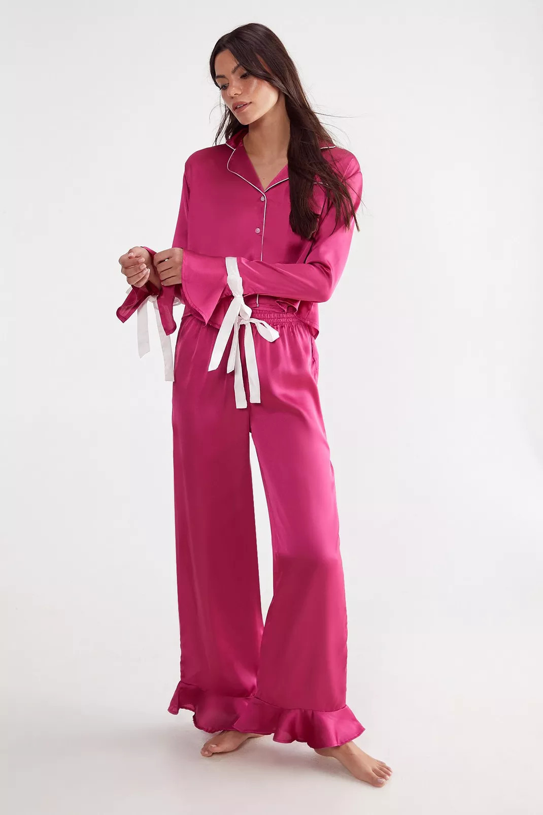 Satin Contrast Velvet Tie Cuff Pajama Shirt and Pants Set | Nasty Gal US