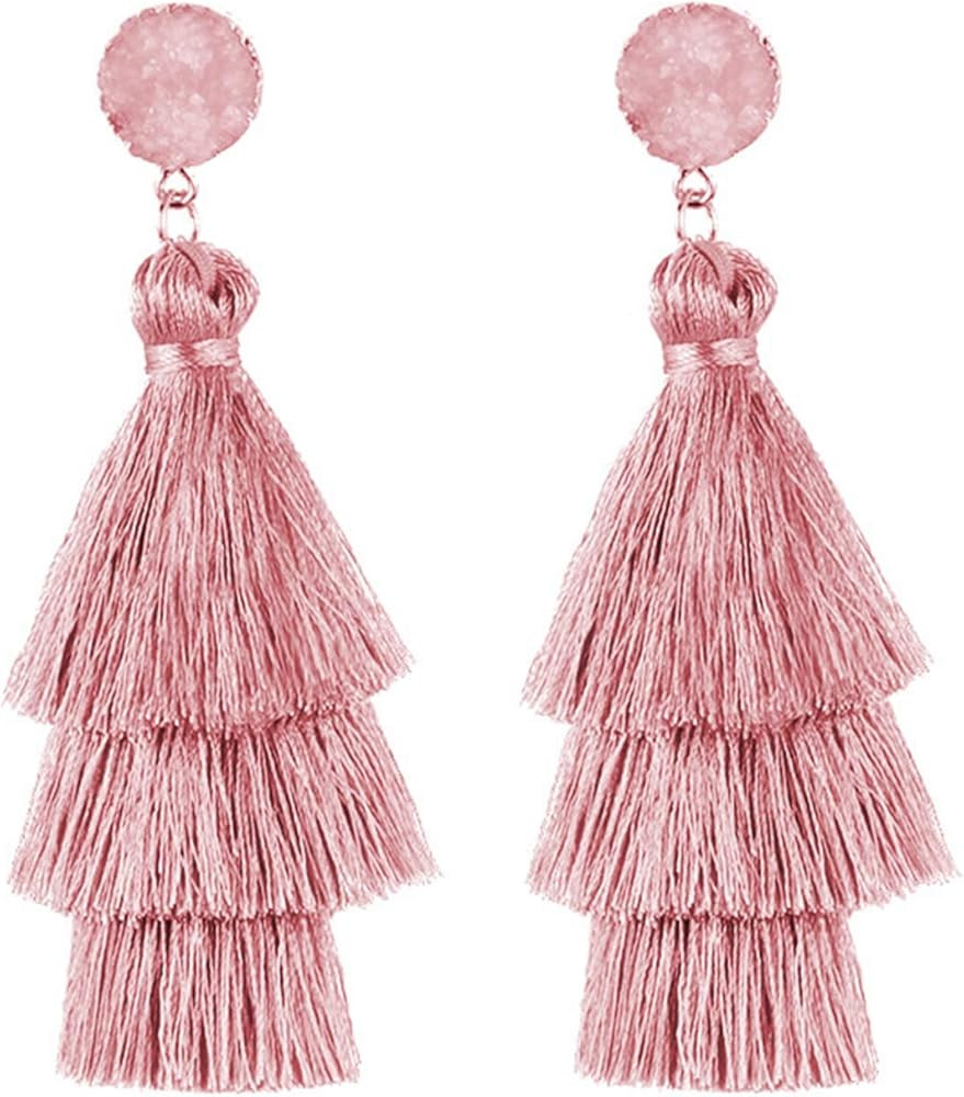 Colorful Layered Tassel Earrings Bohemian 3 Tier Fringe Statement Big Dangle Earrings Boho Handma... | Amazon (US)