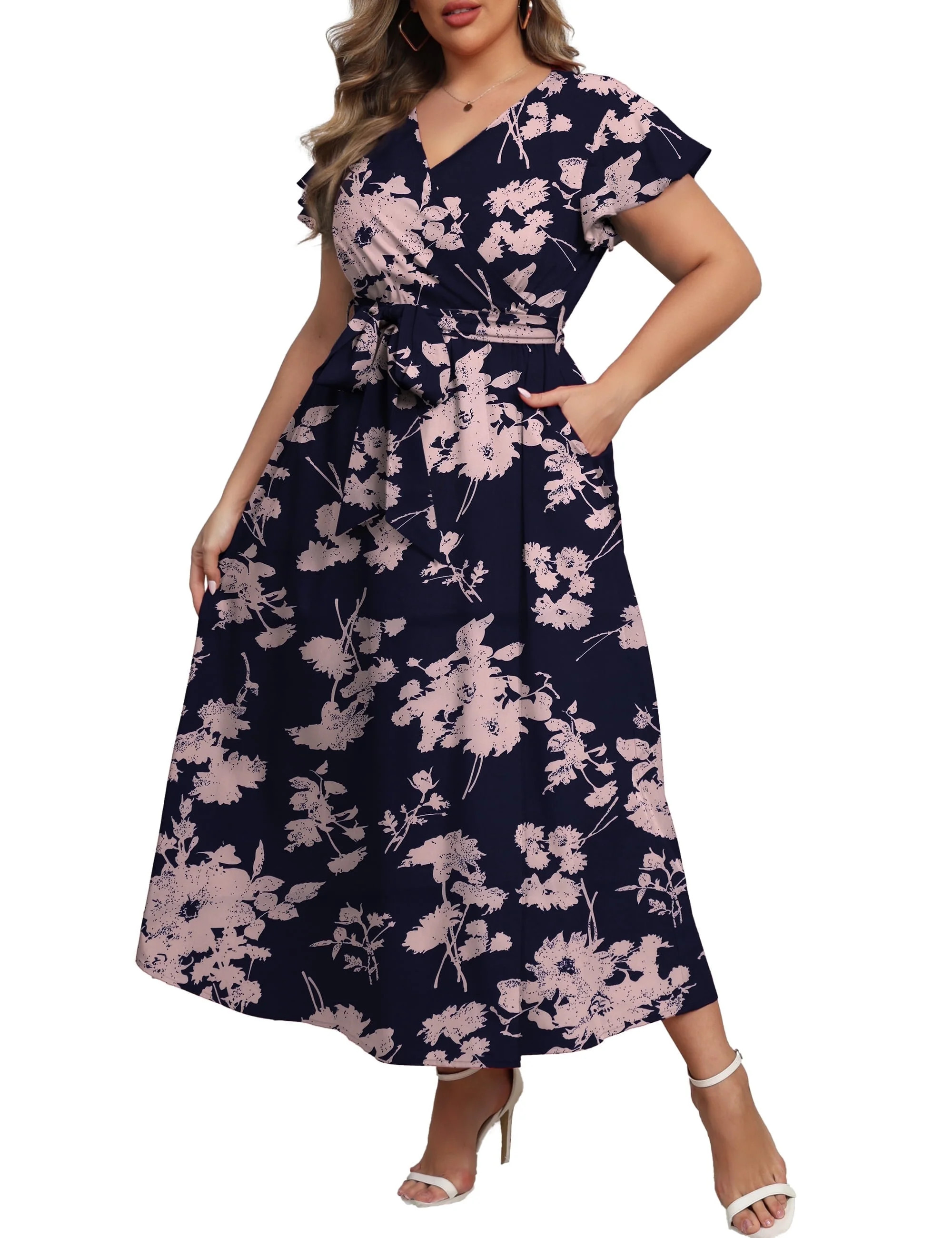 a.Jesdani Women's Plus Size Maxi Dress Boho Floral Butterfly Sleeve V Neck Flowy Maxi Dress Party... | Walmart (US)